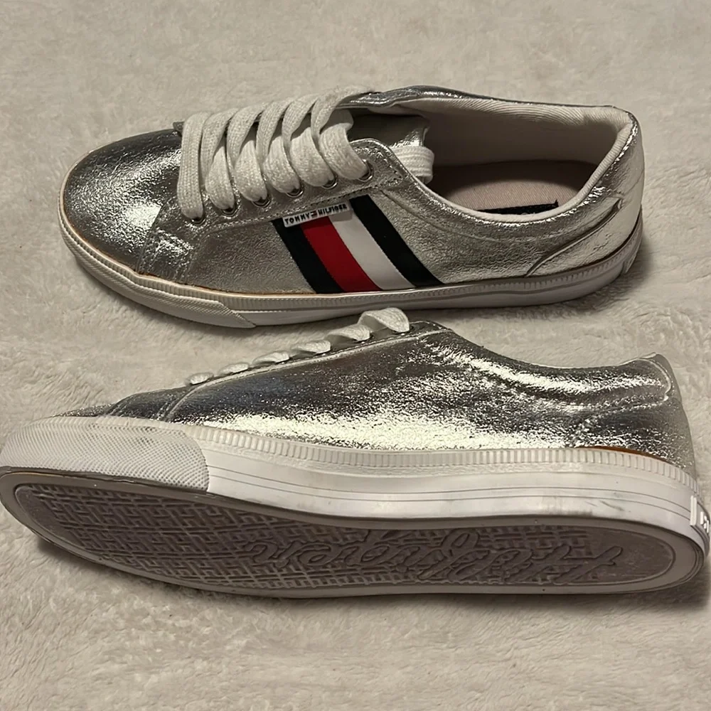 Tommy Hilfiger Silver Metallic Sneakers with Red, White & Navy Stripe